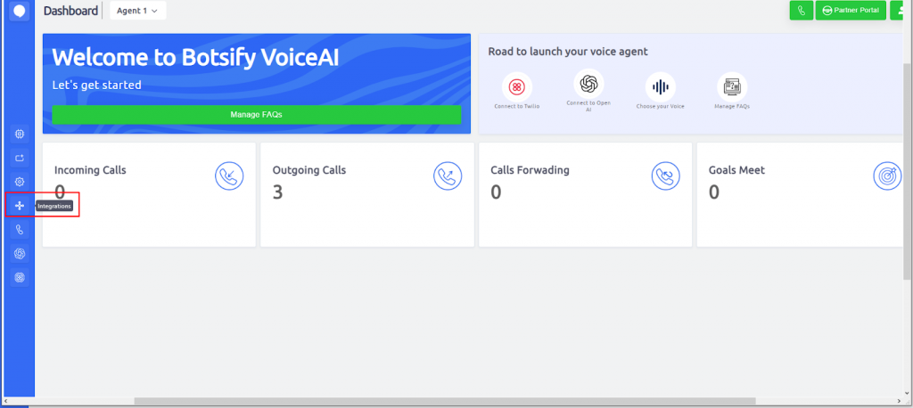 arrow to integrations on voice ai dashboard